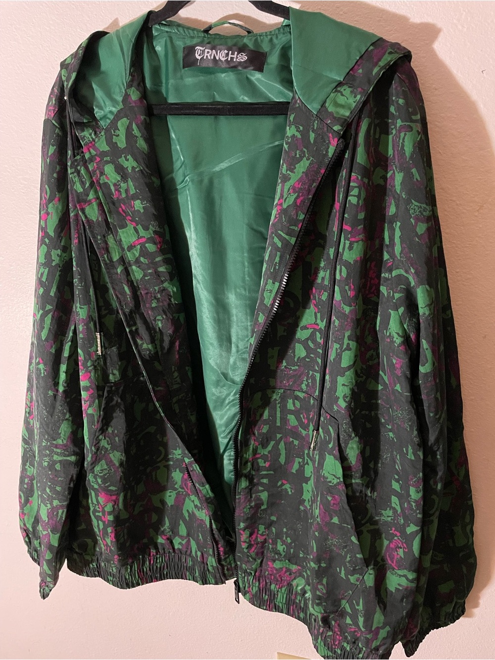 Green & Black Printed Hooded Windbreaker Jacket